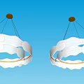 Two Modern Chandeliers with Circular Transparent Shades and Wooden Ceiling Mounts for Contemporary Interior Decor