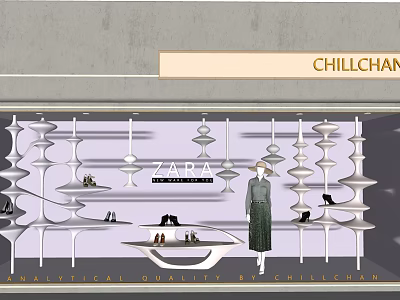 ZARA Modern Window Display With Spiral Shelves Shoes And Mannequin In Dress 3d model