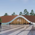 Circular Building With Wavy Brown Roof Surrounded By Green Grass Trees Gray Striped Pavement And People