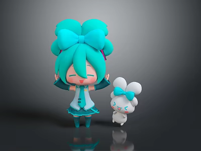 Cartoon Woman With Blue Twin Buns Blue Outfit Standing By White Rabbit With Blue Bow 3d model