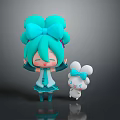 Cartoon Woman With Blue Twin Buns Blue Outfit Standing By White Rabbit With Blue Bow
