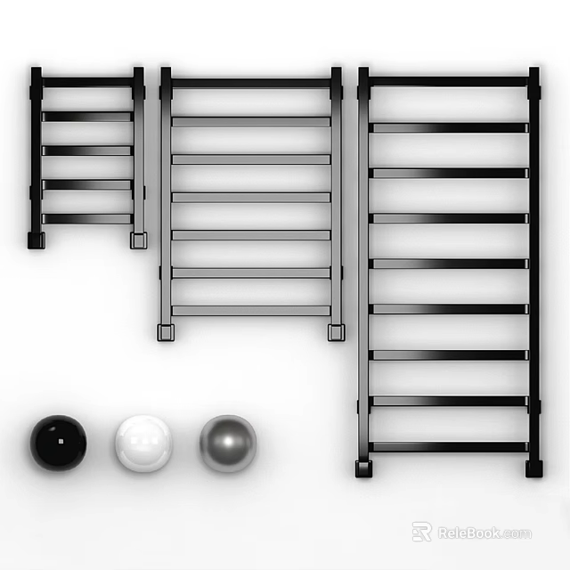 Three Modern Black Metal Bathroom Cabinet Racks With Black White Silver Decorative Balls 3d model 