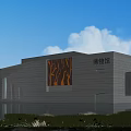 Modern Museum Building With Grey Stone Facade Tree Pattern Panel And Water Pool Reflection 3d model