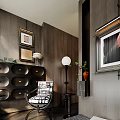 Warm Study Room Interior With Wooden Walls Blinds Black Cabinet Striped Chair And Green Plants