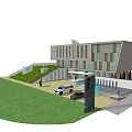 Modern Sales Office Building Featuring Textured Facade Steps And Parking Area