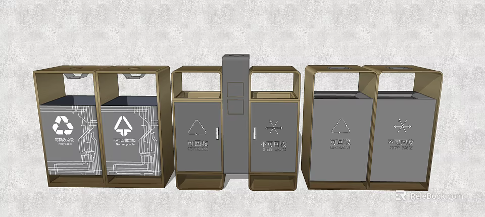 Public Facilities Sorted Trash Bins With Metal Frames And Classification Labels 3d model 