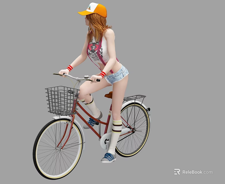 A Woman Wearing Orange Hat Red Vest And Denim Shorts Riding Bicycle With Basket 3d model 