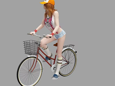 A Woman Wearing Orange Hat Red Vest And Denim Shorts Riding Bicycle With Basket 3d model