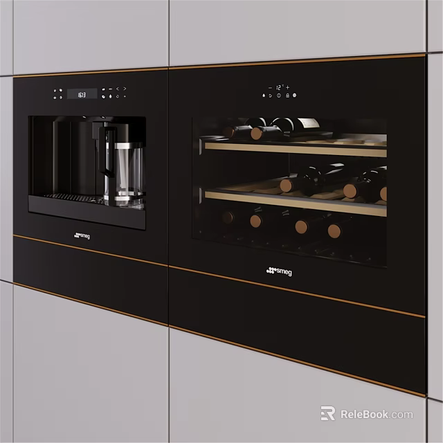 Elegant Modern Black Kitchen Cabinets With Built in Coffee Machine Wine Rack And Golden Trim 3d model 