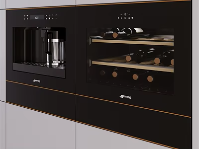 Elegant Modern Black Kitchen Cabinets With Built in Coffee Machine Wine Rack And Golden Trim 3d model