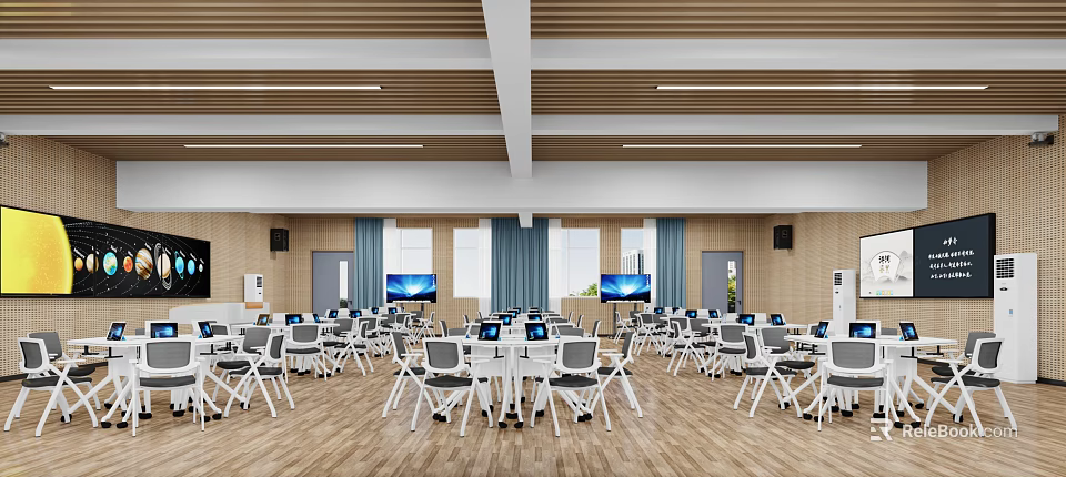 School Modern Multimedia Classroom Interior With Desks Chairs And Screens 3d model 