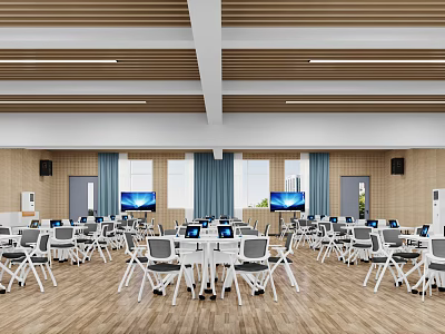 School Modern Multimedia Classroom Interior With Desks Chairs And Screens 3d model