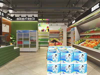 New Standard Convenience Store Interior With Beverage Shelves Fresh Fruits Vegetables And Stacked Milk Cartons 3d model