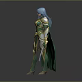 Blue haired woman in green and gold armor with cloak holding sword against gray background
