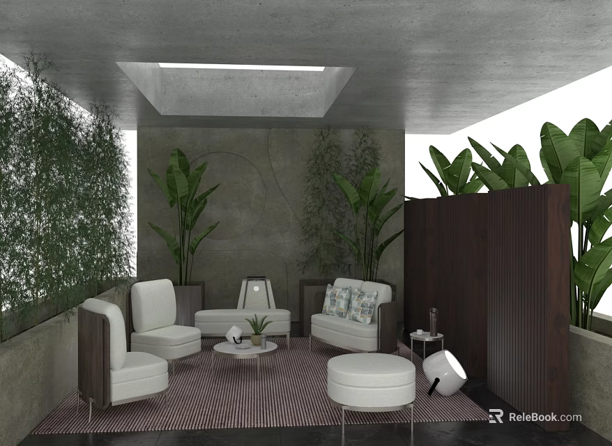 Modern Sofa And Coffee Table Set With White Seats Green Plants And Wooden Partition 3d model 