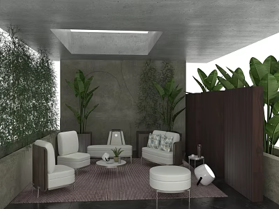 Modern Sofa And Coffee Table Set With White Seats Green Plants And Wooden Partition 3d model