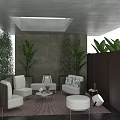 Modern Sofa And Coffee Table Set With White Seats Green Plants And Wooden Partition