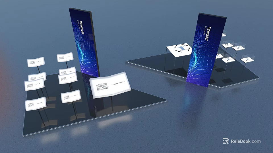 Modern Exhibition Setup With Blue Stands And Information Displays 3d model 