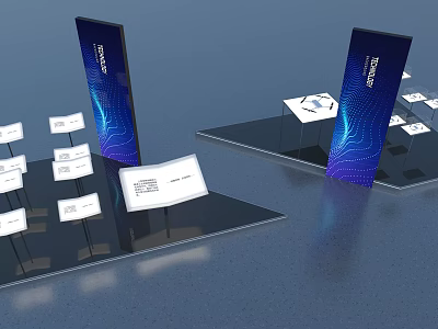 Modern Exhibition Setup With Blue Stands And Information Displays 3d model