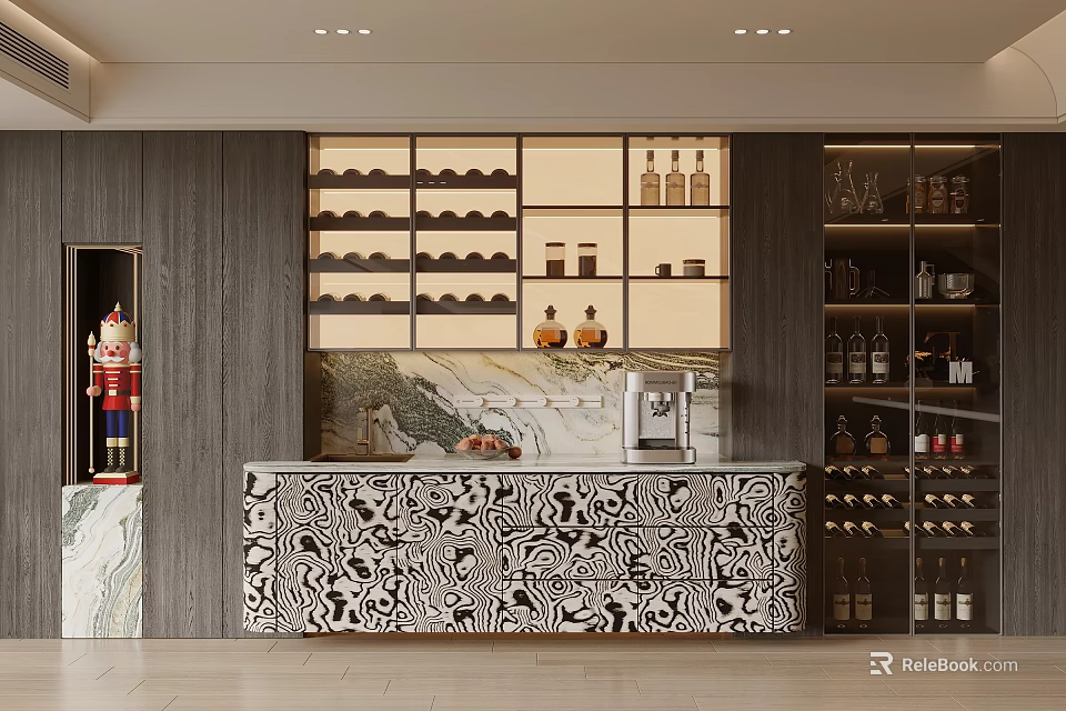 Stylish Wine Cabinet With Wine Racks Marble Countertop Zebra Patterned Design And Coffee Machine 3d model 