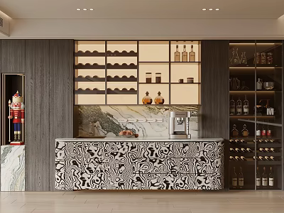 Stylish Wine Cabinet With Wine Racks Marble Countertop Zebra Patterned Design And Coffee Machine 3d model
