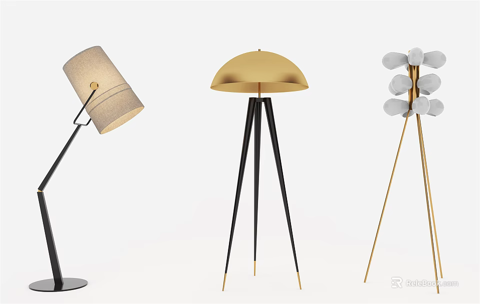 Modern Floor Lamps With Fabric Dome And Globe Shade Designs On Tripod Stands 3d model 