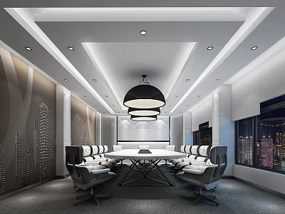 Modern Meeting Room Interior With Large Conference Table Comfortable Chairs Pendant Light And City View 3d model