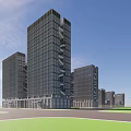 Modern Multiple Office Buildings With Glass Curtain Walls At Waterfront in Evening With Water Reflections