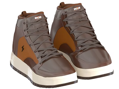 Stylish High Top Brown Shoes With Orange Lightning Logo White Sole And Laces 3d model