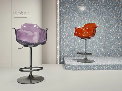 Designer Transparent Purple Red Bar Stools With Metal Swivel Bases On Blue Sparkle Wall 3d model