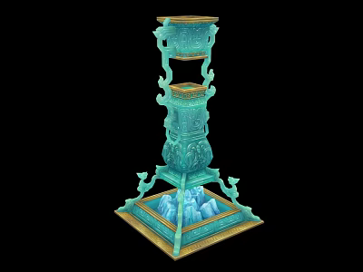 Ancient Turquoise Tiered Tower Artifact With Carved Base And Decorative Details 3d model