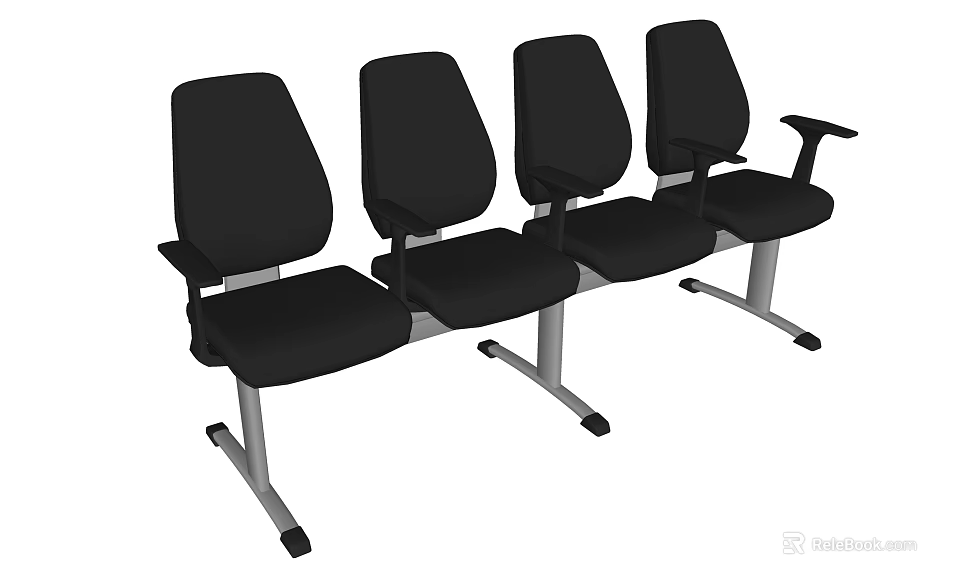 Four Connected Black Public Chairs With Metal Frame Design For Public Areas 3d model 