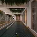 Elegant Hotel Corridor With Central Water Channel Green Plant Walls Hanging Plants And Ambient Lighting