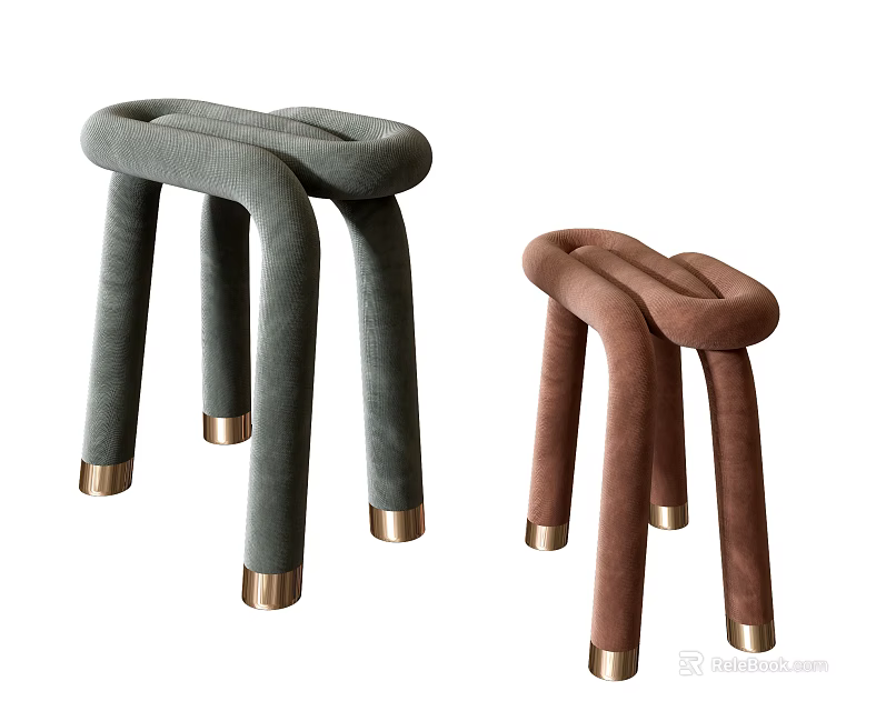 Modern Minimalist Gray Green and Brown Stools with Curved Tube Structure and Gold Metal Feet 3d model 