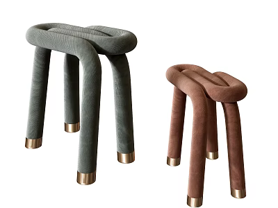 Modern Minimalist Gray Green and Brown Stools with Curved Tube Structure and Gold Metal Feet 3d model