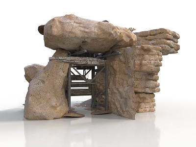 Stone Structure Design With Large Stone Blocks Stacked Walls Wooden Door Frame And Ladder 3d model