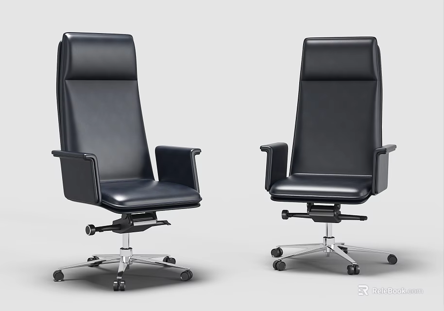 Black Leather Office Chair With High Back Armrests Metal Base And Rolling Wheels 3d model 
