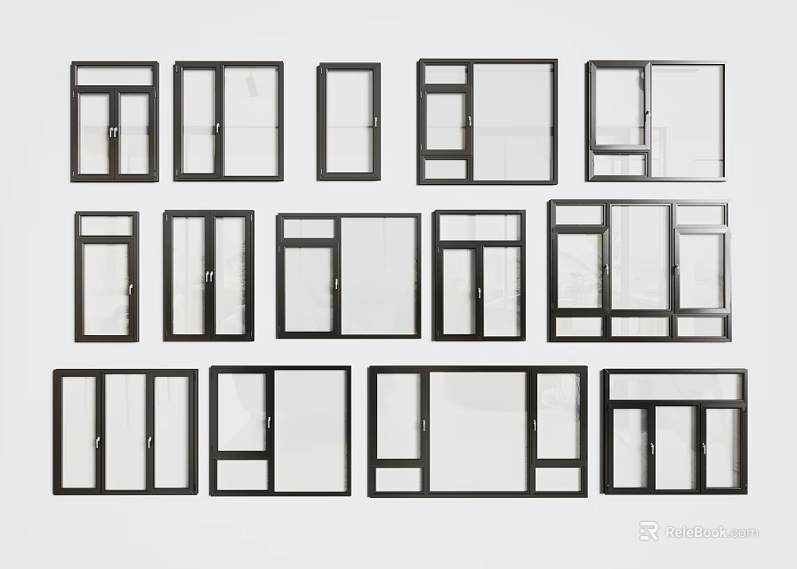 Different Home Window Designs With Black Frames And Glass Panels 3d model
