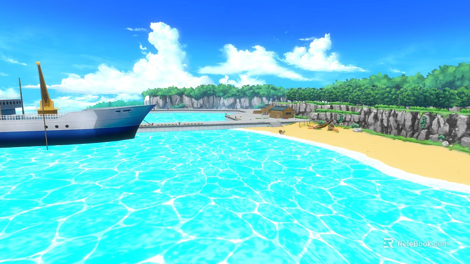 Cartoon Scene With Big Ship Blue Sea Golden Beach Green Trees And White Clouds 3d model 