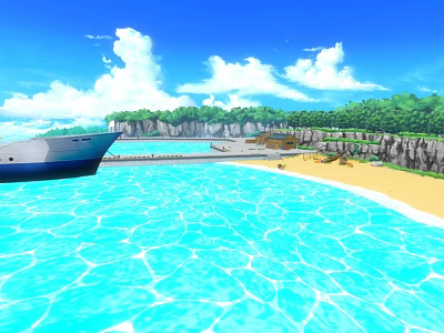 Cartoon Scene With Big Ship Blue Sea Golden Beach Green Trees And White Clouds 3d model