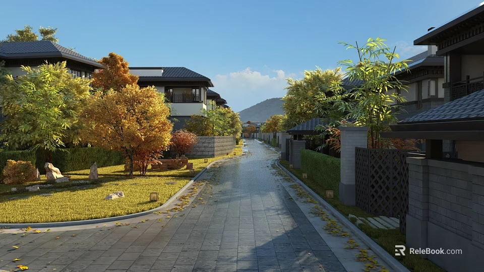 Garden Landscape With Stone Path Green Plants Yellow Leaf Trees Chinese Houses Mountains And Clear Sky 3d model 