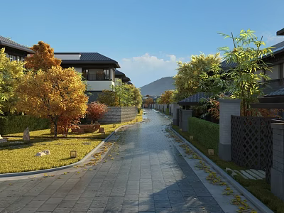 Garden Landscape With Stone Path Green Plants Yellow Leaf Trees Chinese Houses Mountains And Clear Sky 3d model