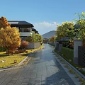 Garden Landscape With Stone Path Green Plants Yellow Leaf Trees Chinese Houses Mountains And Clear Sky