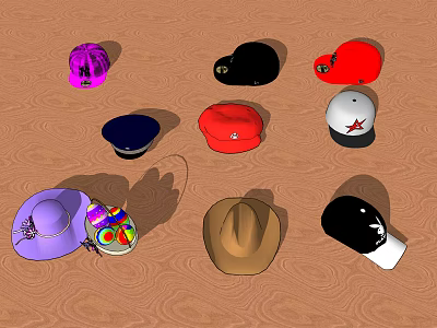 Assorted Hats in Various Colors and Different Styles Displayed on Wooden Surface 3d model