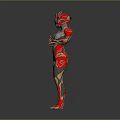 Futuristic Sci Fi Character With Biomechanical Armor Red Silver Blue Design And Pink Head Decoration