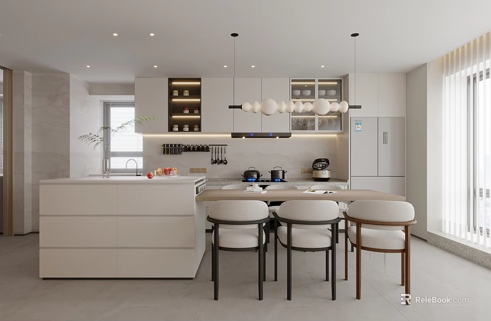 Modern Restaurant Interior Design With Open Layout Dining Table Chairs And Pendant Lights 3d model