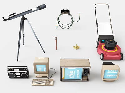Vintage and Modern Electronic Appliances with Telescope Lawn Mower Radio Old Computer and TV 3d model