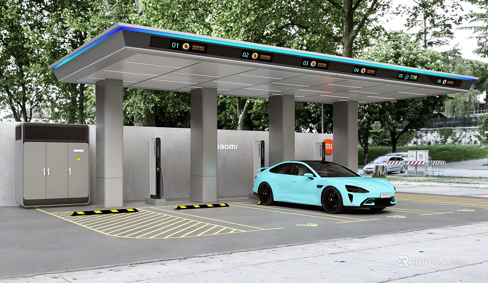 Modern Electric Vehicle Charging Station With Blue Car Charging Piles And Trees 3d model 