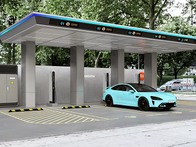 Modern Electric Vehicle Charging Station With Blue Car Charging Piles And Trees 3d model
