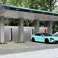 Modern Electric Vehicle Charging Station With Blue Car Charging Piles And Trees